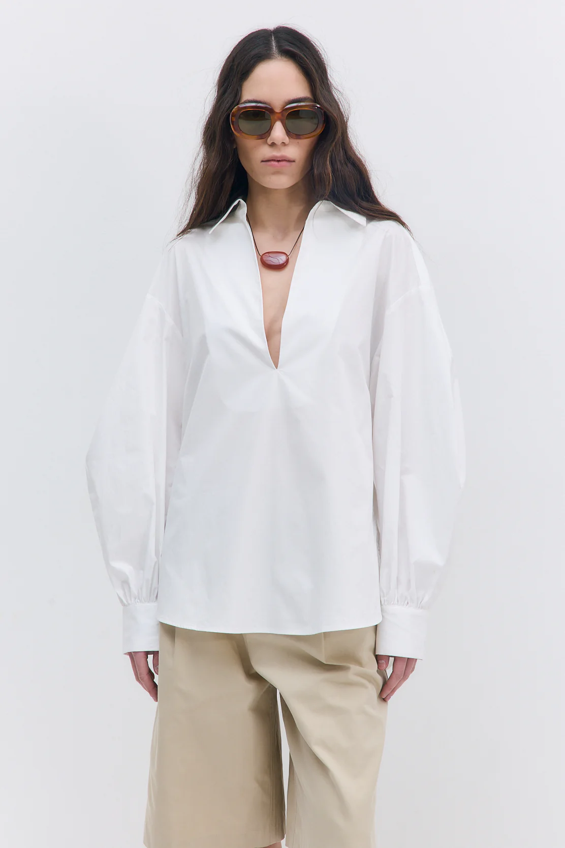 Oversized V Neck Poplin Blouse